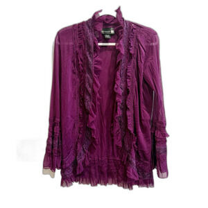 Y2K Antthony Women Purple Cardigan M Ruffle Front Lace Trim Tiered Flared Whimsy
